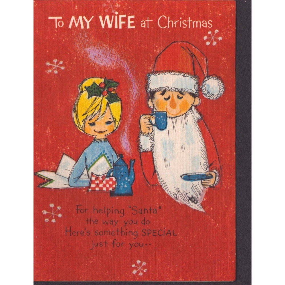 Vintage Hallmark Christmas Card To My Wife Santa Illustration 25X 601-1 Red VG